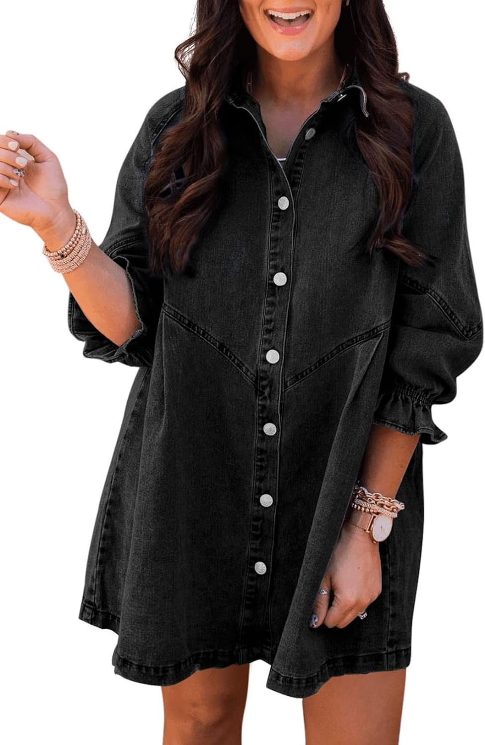 Sidefeel Womens Smocked 3 4 Sleeve Button Down Denim Jeans Dresses