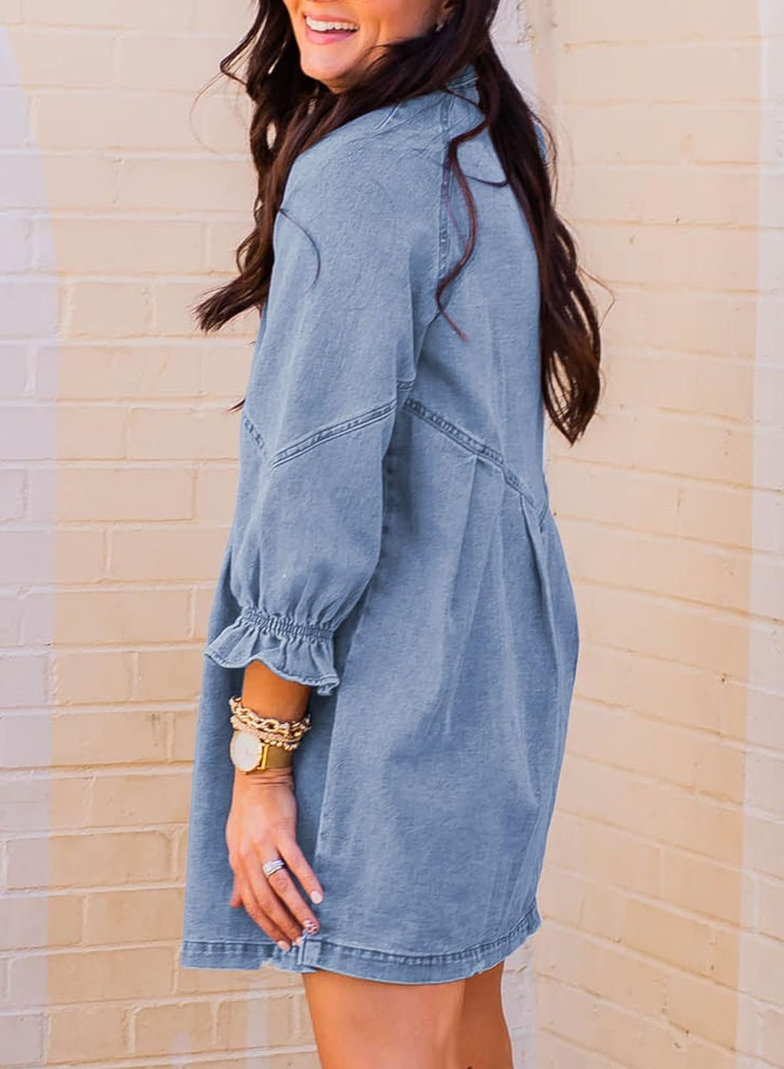 Sidefeel Womens Smocked 3 4 Sleeve Button Down Denim Jeans Dresses