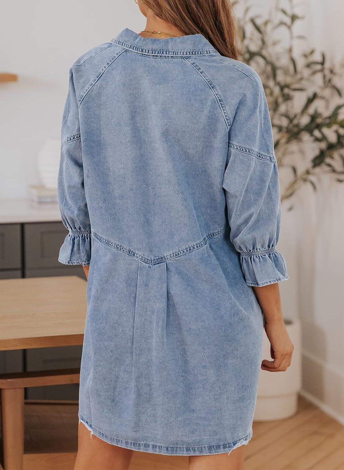 Sidefeel Womens Smocked 3 4 Sleeve Button Down Denim Jeans Dresses