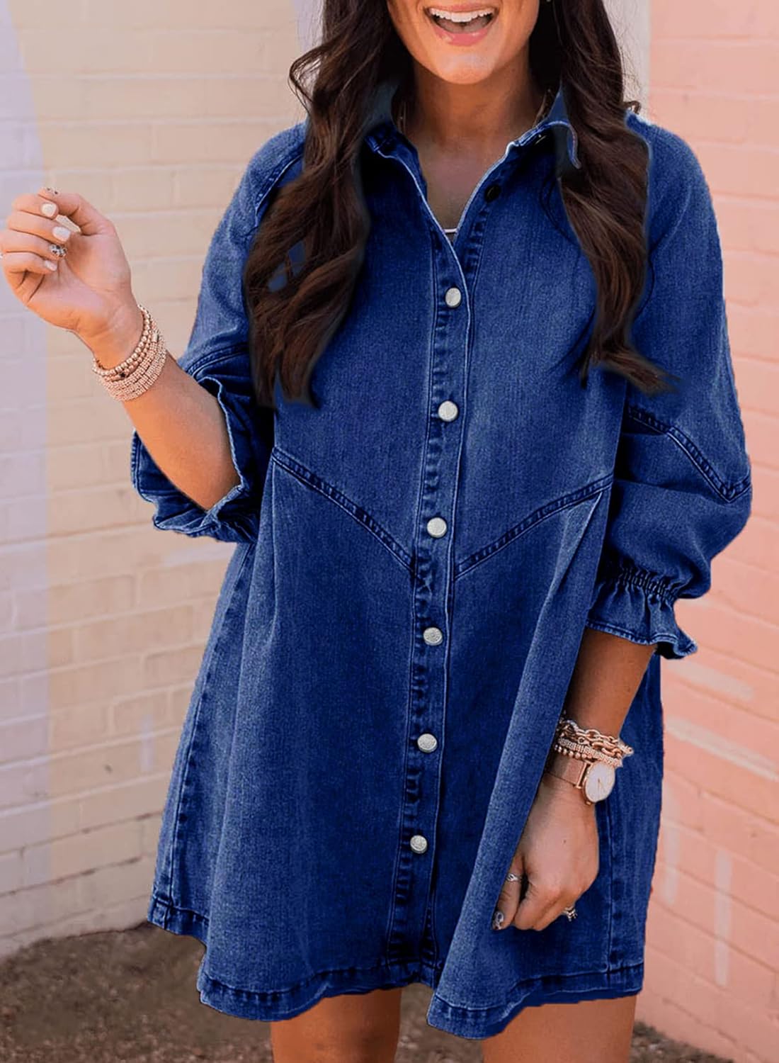 Sidefeel Womens Smocked 3 4 Sleeve Button Down Denim Jeans Dresses