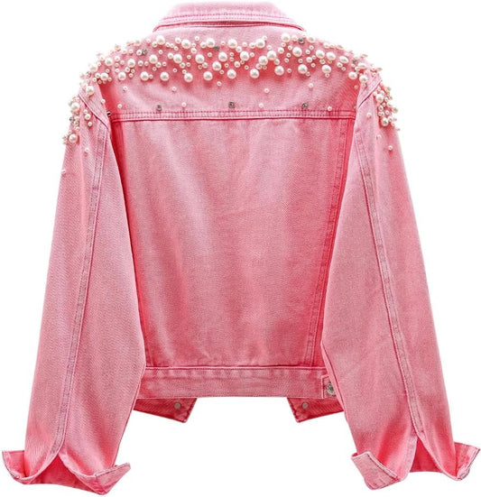 Kedera Women's Embroidered Rivet Pearl Short Denim Jacket Coat